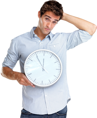 confused man with clock in hands