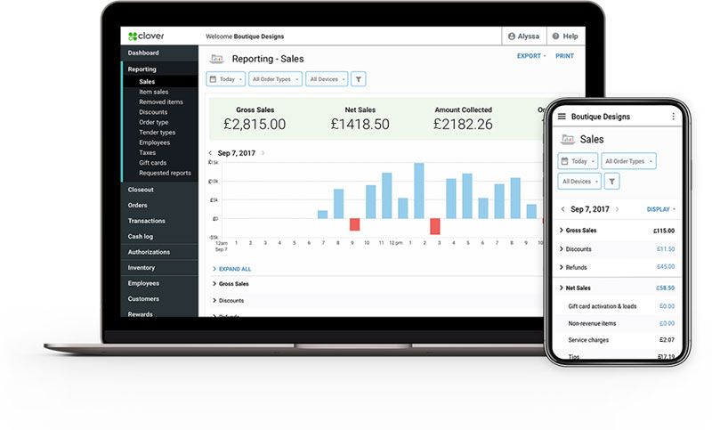 Clover Dining dashboard on PC and phone